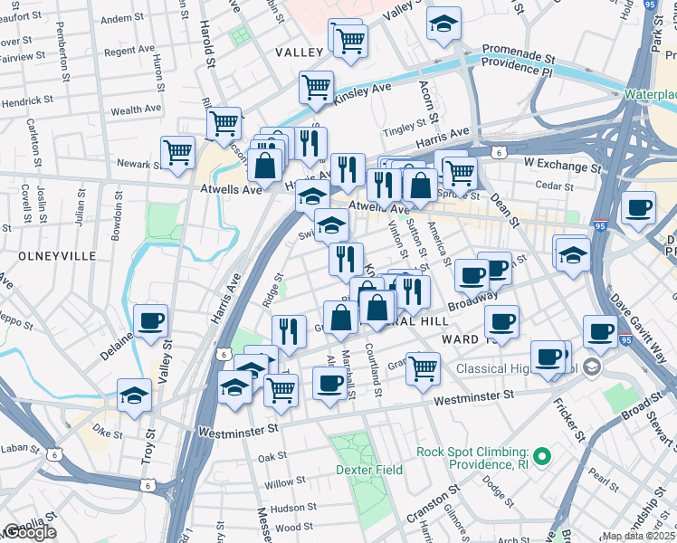 map of restaurants, bars, coffee shops, grocery stores, and more near 92 Tell Street in Providence