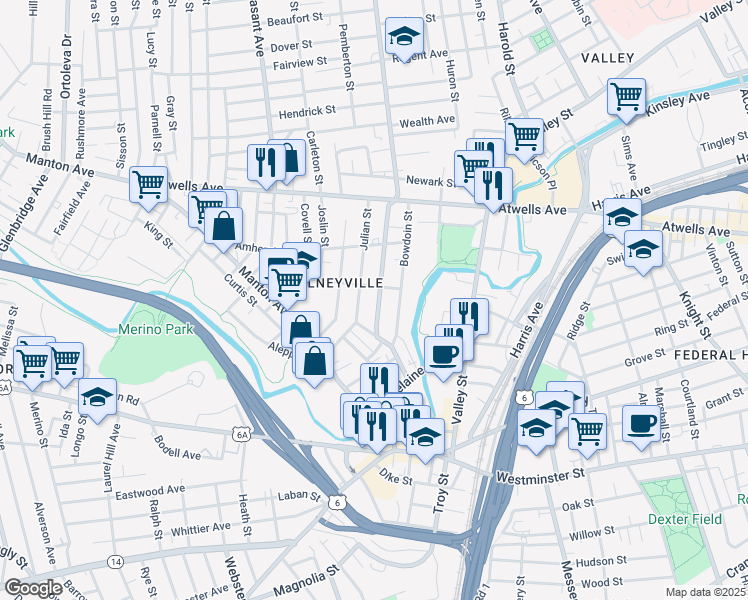 map of restaurants, bars, coffee shops, grocery stores, and more near 85 Julian Street in Providence