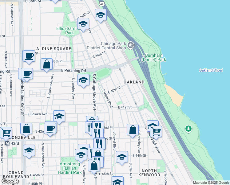 map of restaurants, bars, coffee shops, grocery stores, and more near 845 East 40th Street in Chicago