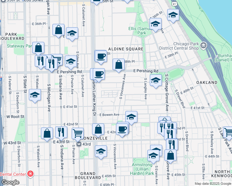 map of restaurants, bars, coffee shops, grocery stores, and more near 3982 South Vincennes Avenue in Chicago