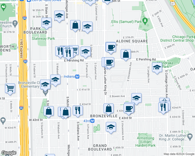 map of restaurants, bars, coffee shops, grocery stores, and more near 4015 South Calumet Avenue in Chicago