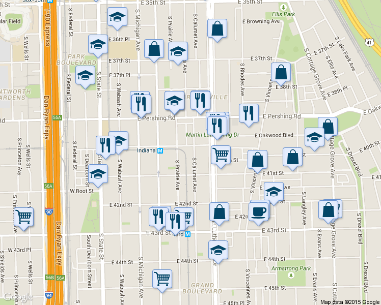 map of restaurants, bars, coffee shops, grocery stores, and more near 4017 South Prairie Avenue in Chicago
