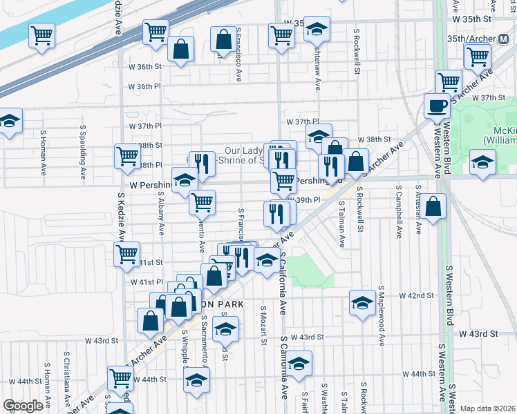map of restaurants, bars, coffee shops, grocery stores, and more near 2833 West 39th Place in Chicago