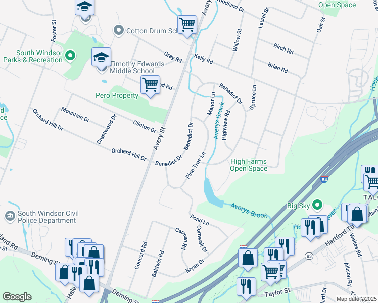 map of restaurants, bars, coffee shops, grocery stores, and more near 80 Benedict Drive in South Windsor