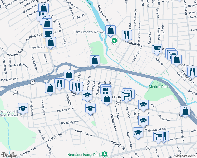 map of restaurants, bars, coffee shops, grocery stores, and more near 165 Ophelia Street in Providence