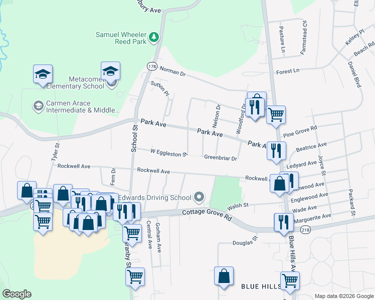map of restaurants, bars, coffee shops, grocery stores, and more near 47 West Eggleston Street in Bloomfield