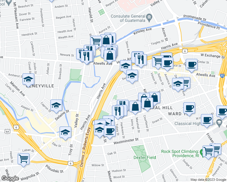 map of restaurants, bars, coffee shops, grocery stores, and more near 105 Ridge Street in Providence