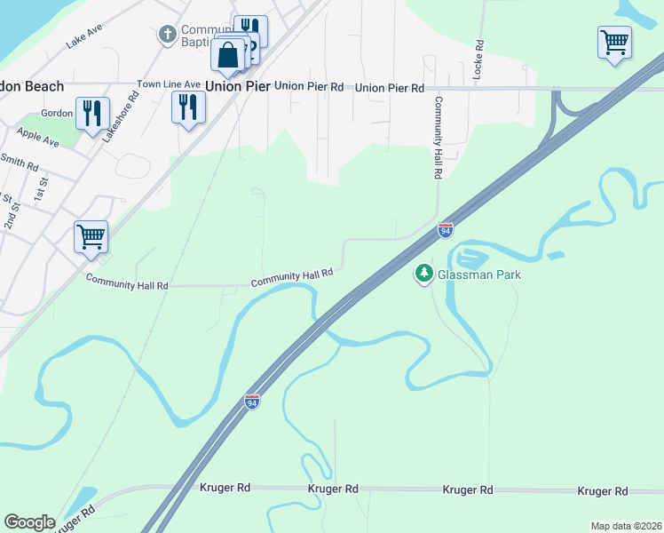map of restaurants, bars, coffee shops, grocery stores, and more near 9695 Community Hall Road in Union Pier