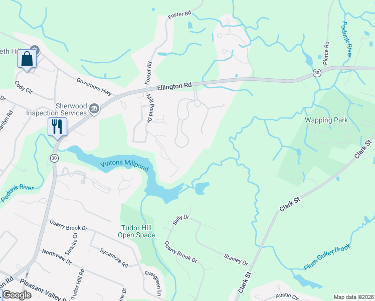 map of restaurants, bars, coffee shops, grocery stores, and more near 1112 Twin Circle Drive in South Windsor