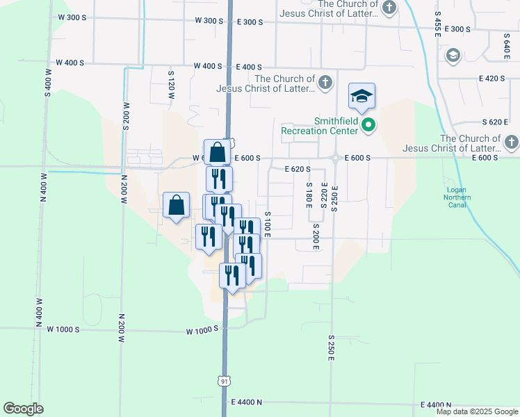 map of restaurants, bars, coffee shops, grocery stores, and more near 84 715 South in Smithfield