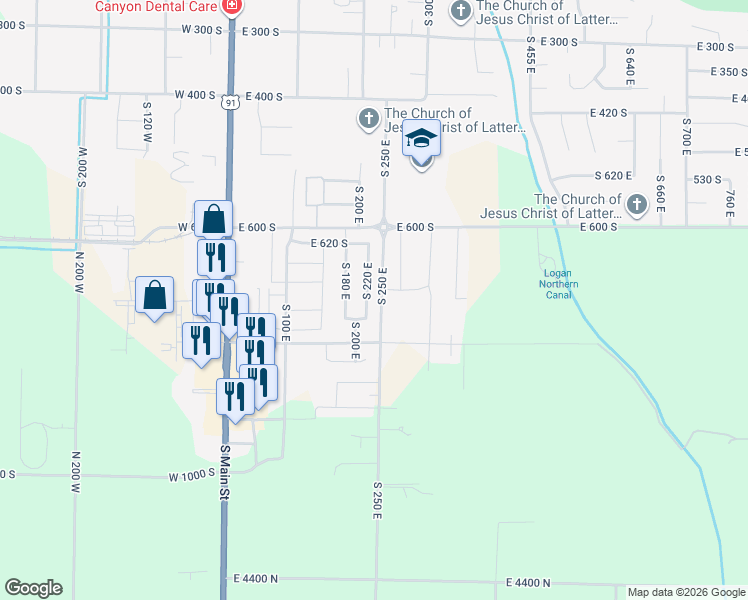 map of restaurants, bars, coffee shops, grocery stores, and more near 724 South 220 East in Smithfield