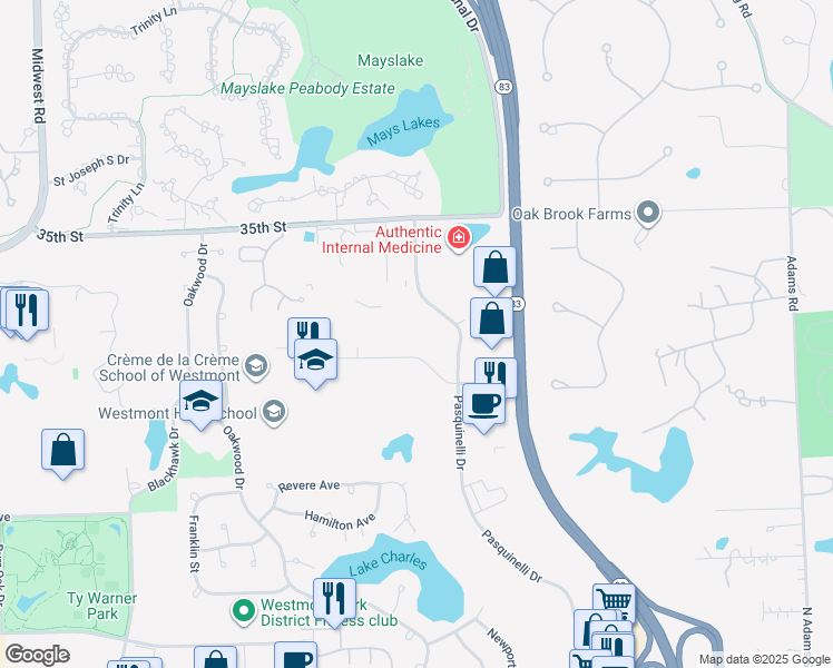 map of restaurants, bars, coffee shops, grocery stores, and more near 700 Oakmont Lane in Westmont
