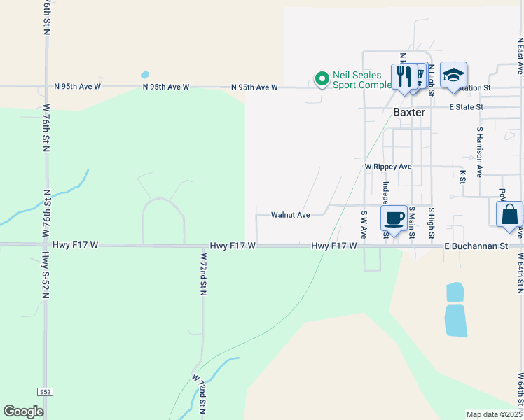 map of restaurants, bars, coffee shops, grocery stores, and more near 424 Walnut Avenue in Baxter