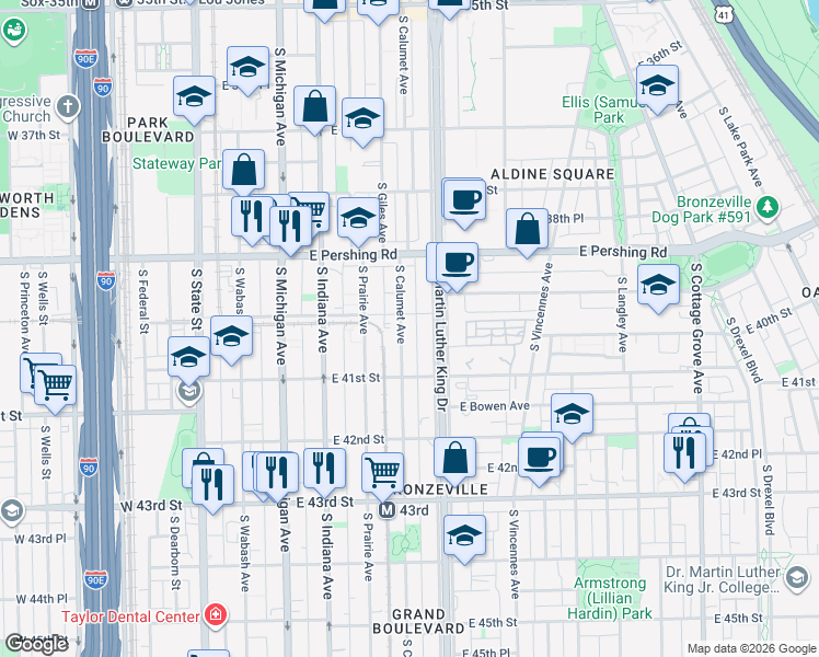 map of restaurants, bars, coffee shops, grocery stores, and more near 4015 South Calumet Avenue in Chicago