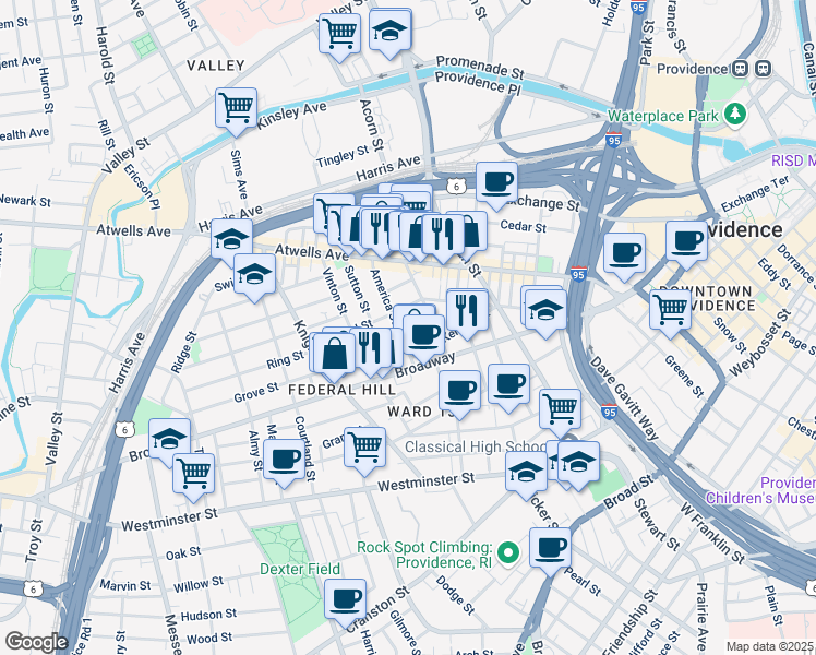 map of restaurants, bars, coffee shops, grocery stores, and more near 4 Europe Street in Providence