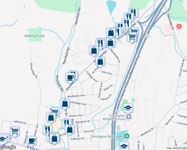 map of restaurants, bars, coffee shops, grocery stores, and more near 88 N Chapel St in Torrington