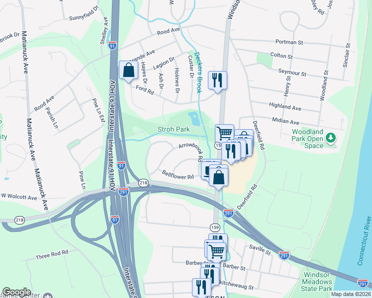 map of restaurants, bars, coffee shops, grocery stores, and more near 54 Arrowbrook Road in Windsor