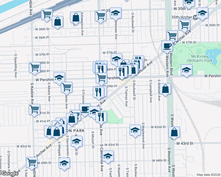 map of restaurants, bars, coffee shops, grocery stores, and more near 3984 South Archer Avenue in Chicago