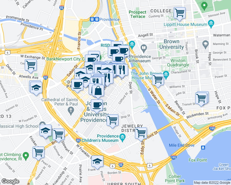 map of restaurants, bars, coffee shops, grocery stores, and more near 96 Pine Street in Providence