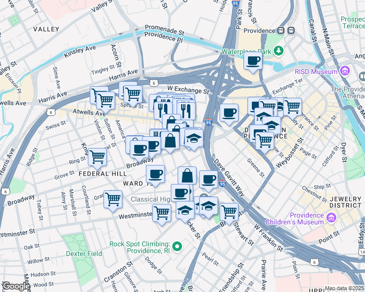 map of restaurants, bars, coffee shops, grocery stores, and more near 159 Broadway in Providence