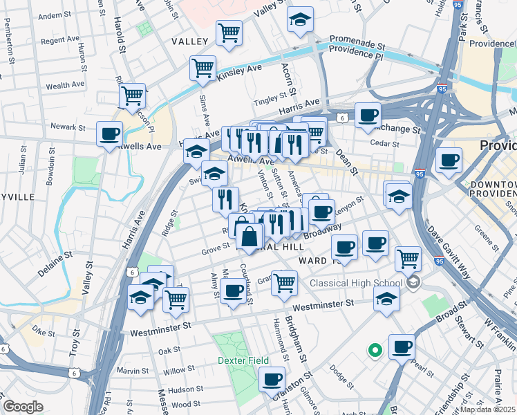 map of restaurants, bars, coffee shops, grocery stores, and more near 22 Penn Street in Providence