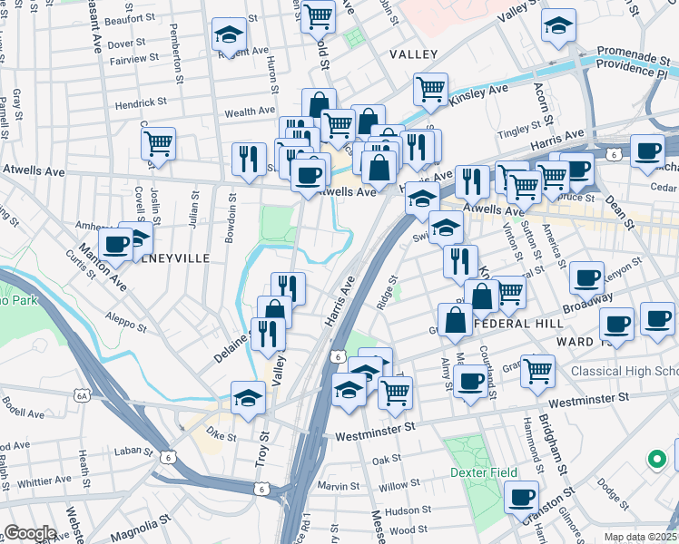map of restaurants, bars, coffee shops, grocery stores, and more near 37 1/2 Harris Avenue in Providence