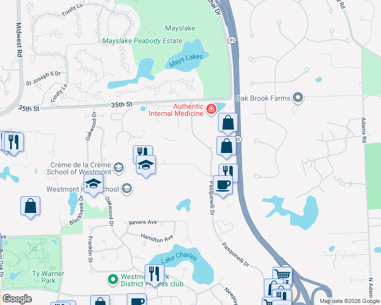 map of restaurants, bars, coffee shops, grocery stores, and more near 750 Oakmont Lane in Westmont