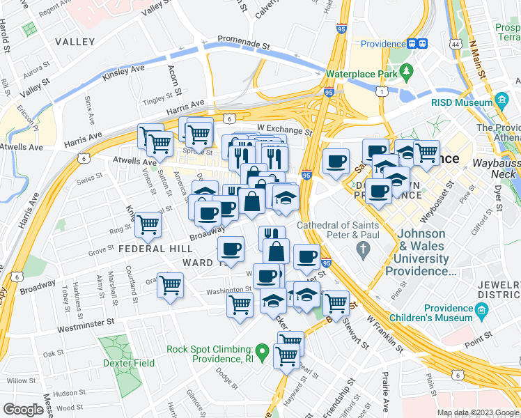 map of restaurants, bars, coffee shops, grocery stores, and more near 201 Dean Street in Providence