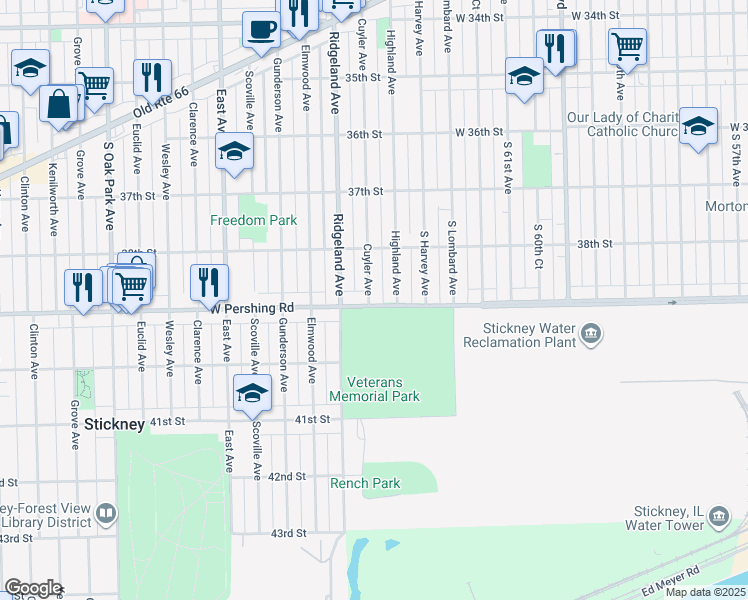 map of restaurants, bars, coffee shops, grocery stores, and more near 3841 Cuyler Avenue in Berwyn