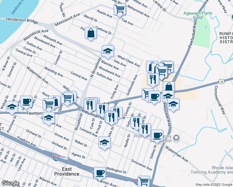 map of restaurants, bars, coffee shops, grocery stores, and more near 460 Taunton Avenue in East Providence