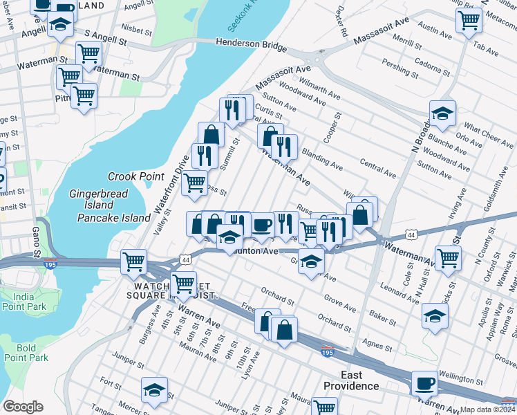 map of restaurants, bars, coffee shops, grocery stores, and more near 71 Vine Street in East Providence