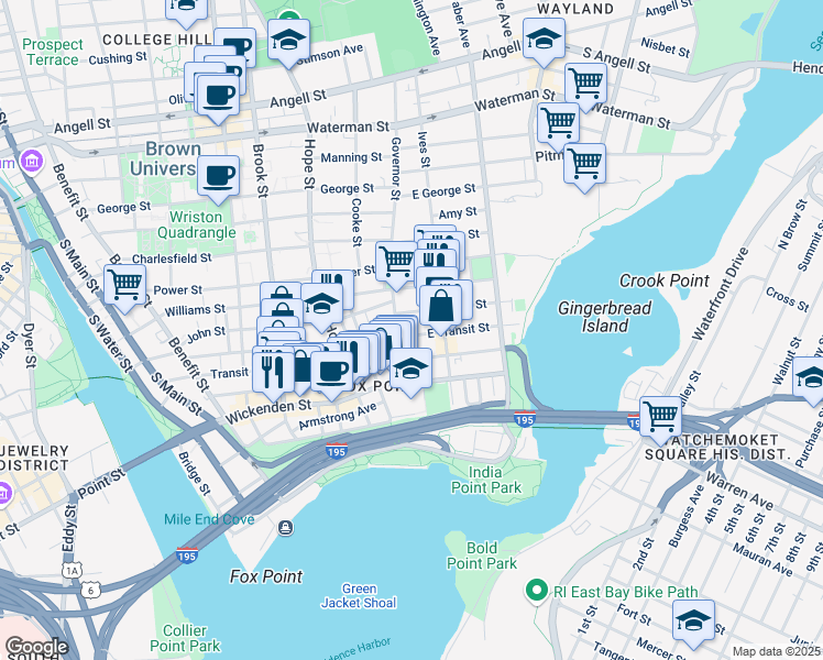 map of restaurants, bars, coffee shops, grocery stores, and more near 44 Governor Street in Providence