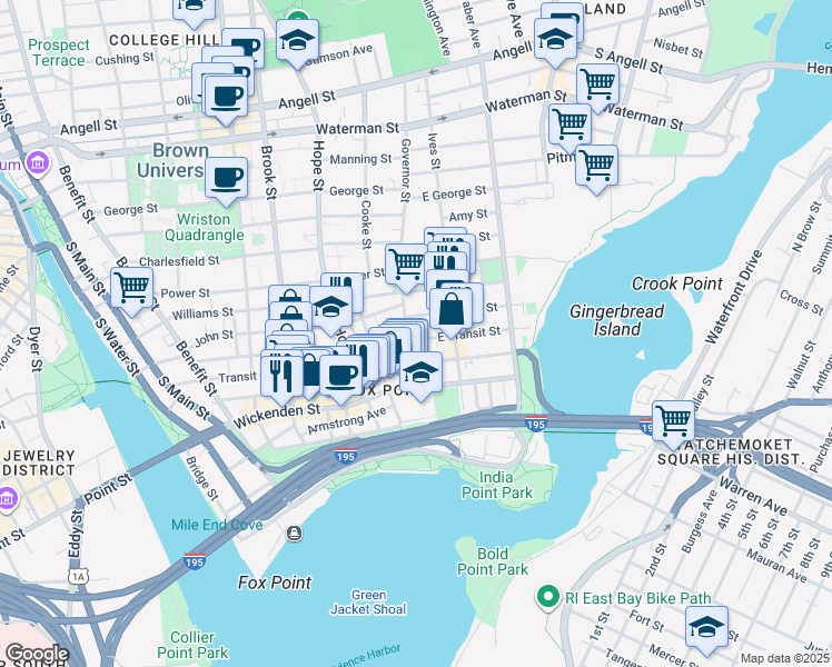 map of restaurants, bars, coffee shops, grocery stores, and more near 44 Governor Street in Providence