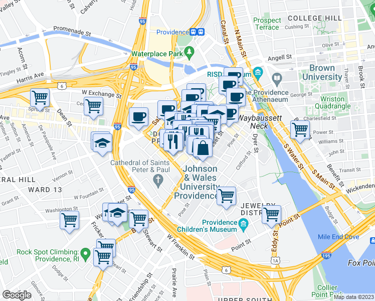 map of restaurants, bars, coffee shops, grocery stores, and more near 233 Weybosset Street in Providence