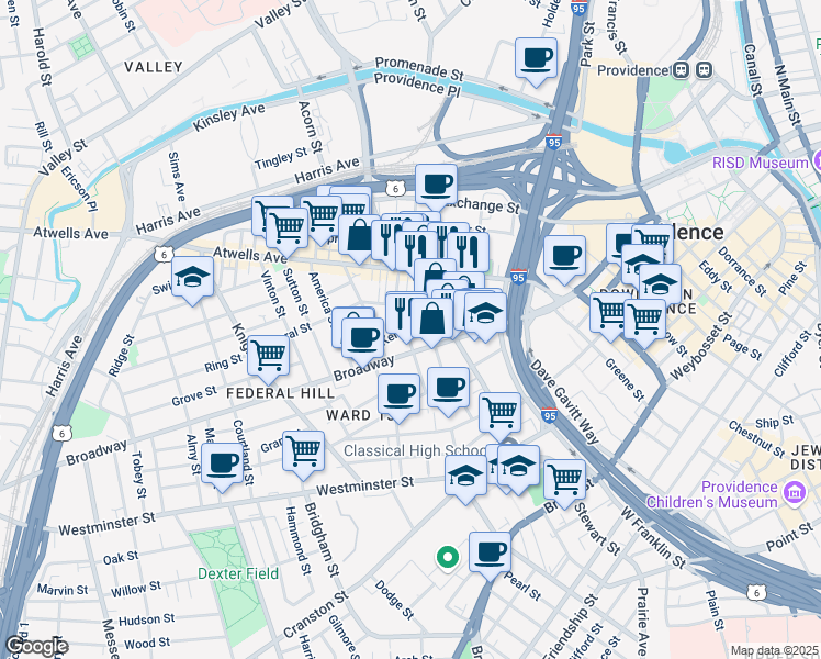 map of restaurants, bars, coffee shops, grocery stores, and more near 16 Pallas Street in Providence