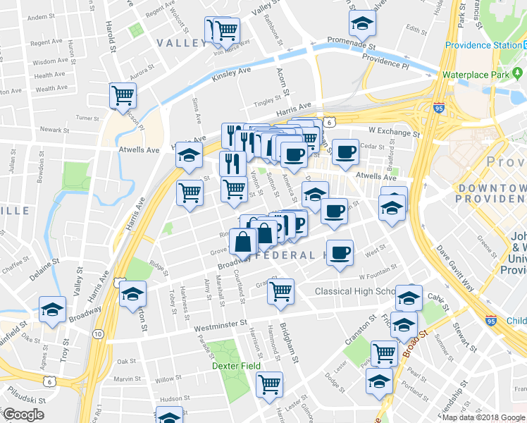 map of restaurants, bars, coffee shops, grocery stores, and more near 22 Penn Street in Providence