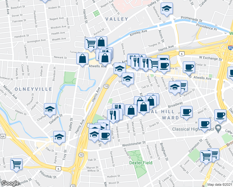 map of restaurants, bars, coffee shops, grocery stores, and more near 125 Tell Street in Providence
