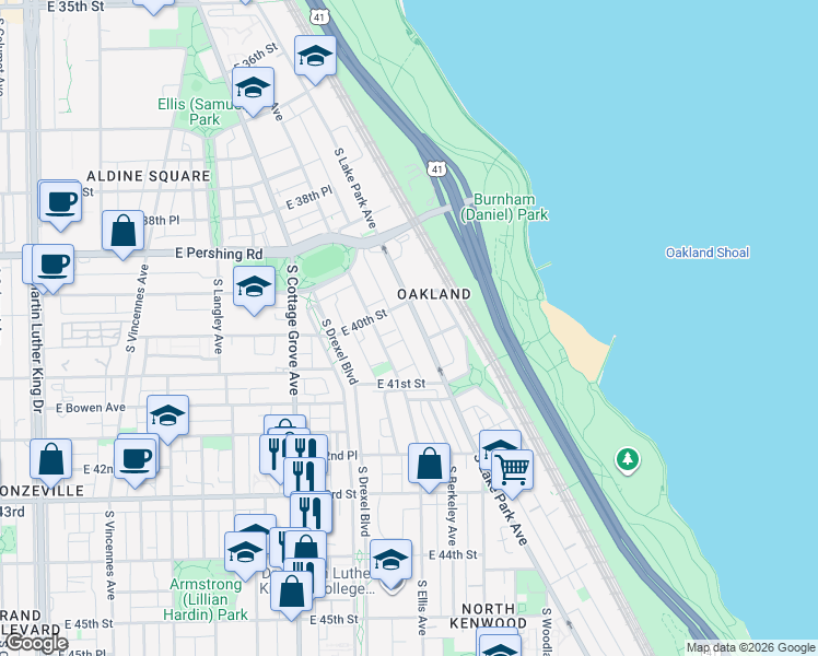 map of restaurants, bars, coffee shops, grocery stores, and more near 21 South Ellis Avenue in Chicago