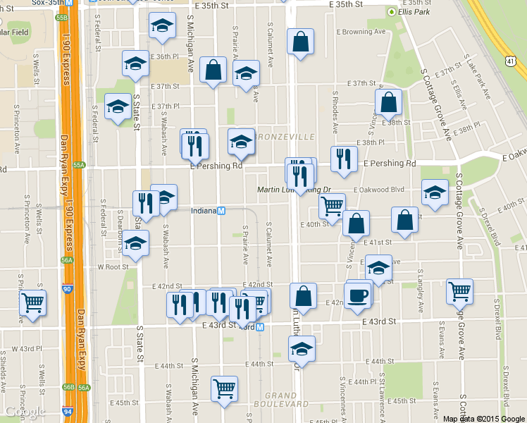 map of restaurants, bars, coffee shops, grocery stores, and more near 4017 South Prairie Avenue in Chicago