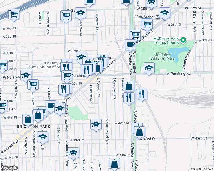 map of restaurants, bars, coffee shops, grocery stores, and more near 2528 West 40th Street in Chicago