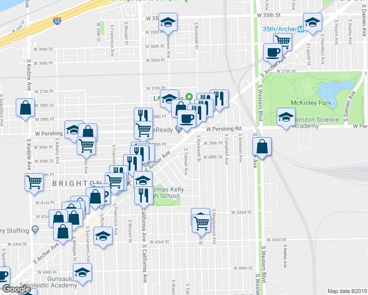 map of restaurants, bars, coffee shops, grocery stores, and more near 3955 South Archer Avenue in Chicago