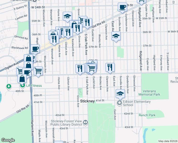 map of restaurants, bars, coffee shops, grocery stores, and more near 3849 Oak Park Avenue in Berwyn