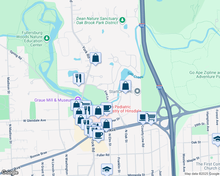 map of restaurants, bars, coffee shops, grocery stores, and more near 1151 Indian Trail Road in Hinsdale