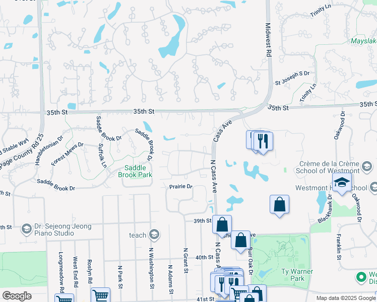 map of restaurants, bars, coffee shops, grocery stores, and more near 109 Oakley Drive North in Westmont