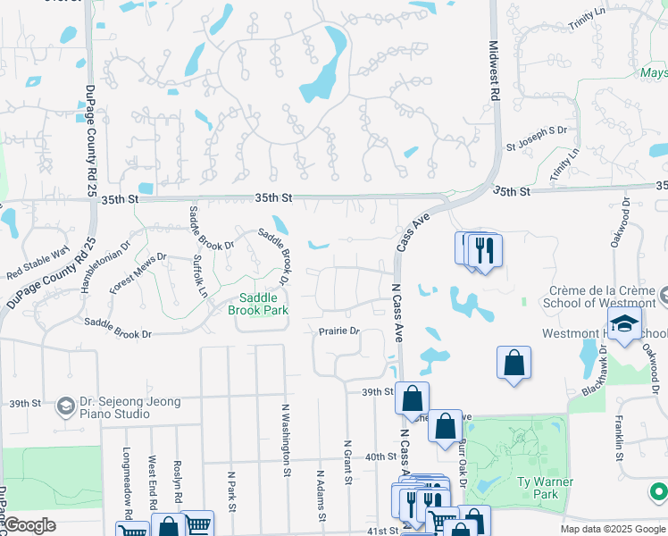 map of restaurants, bars, coffee shops, grocery stores, and more near 201 Office Drive in Westmont