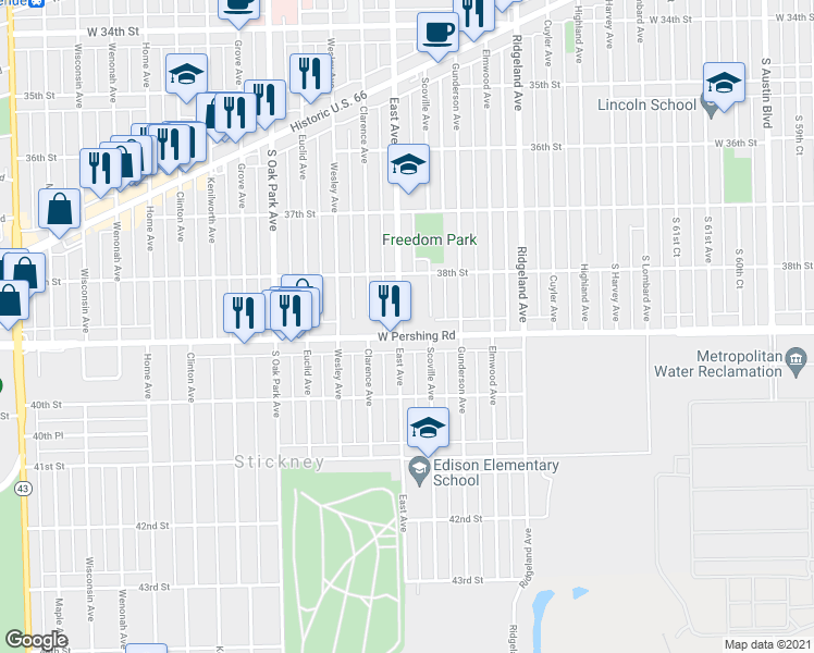 map of restaurants, bars, coffee shops, grocery stores, and more near 6544 Pershing Road in Berwyn