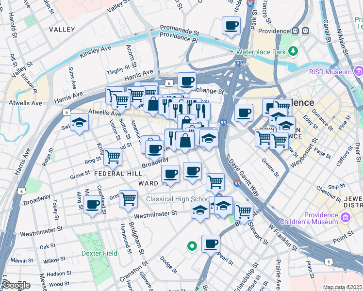 map of restaurants, bars, coffee shops, grocery stores, and more near 16 Pallas Street in Providence