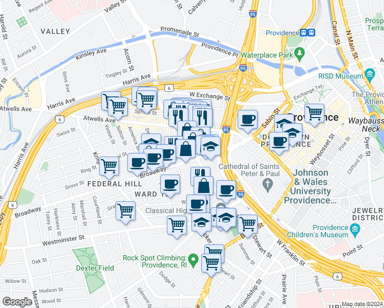 map of restaurants, bars, coffee shops, grocery stores, and more near 203 Dean Street in Providence