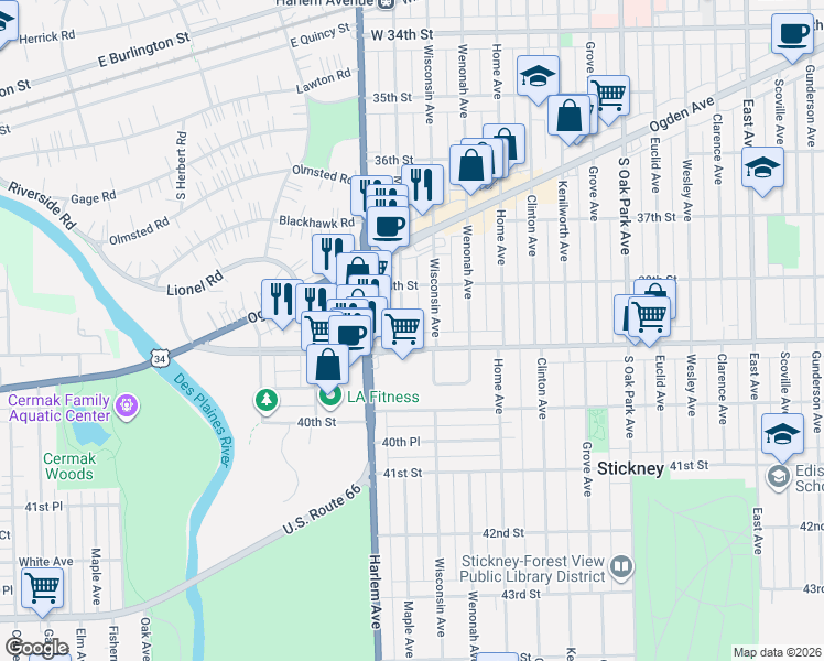 map of restaurants, bars, coffee shops, grocery stores, and more near 7118 Pershing Road in Berwyn