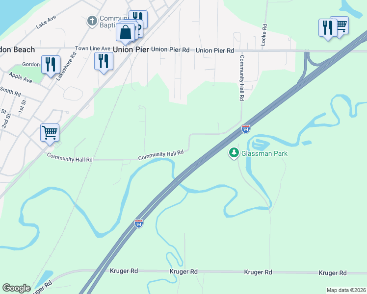 map of restaurants, bars, coffee shops, grocery stores, and more near 9695 Community Hall Road in Union Pier